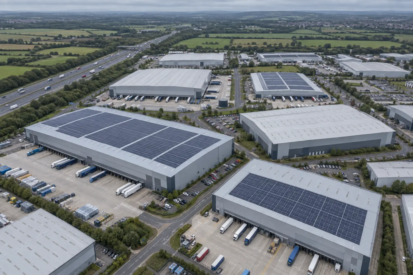 Aerial view of an industrial estate where some warehouse roofs carry solar arrays and others are bare steel