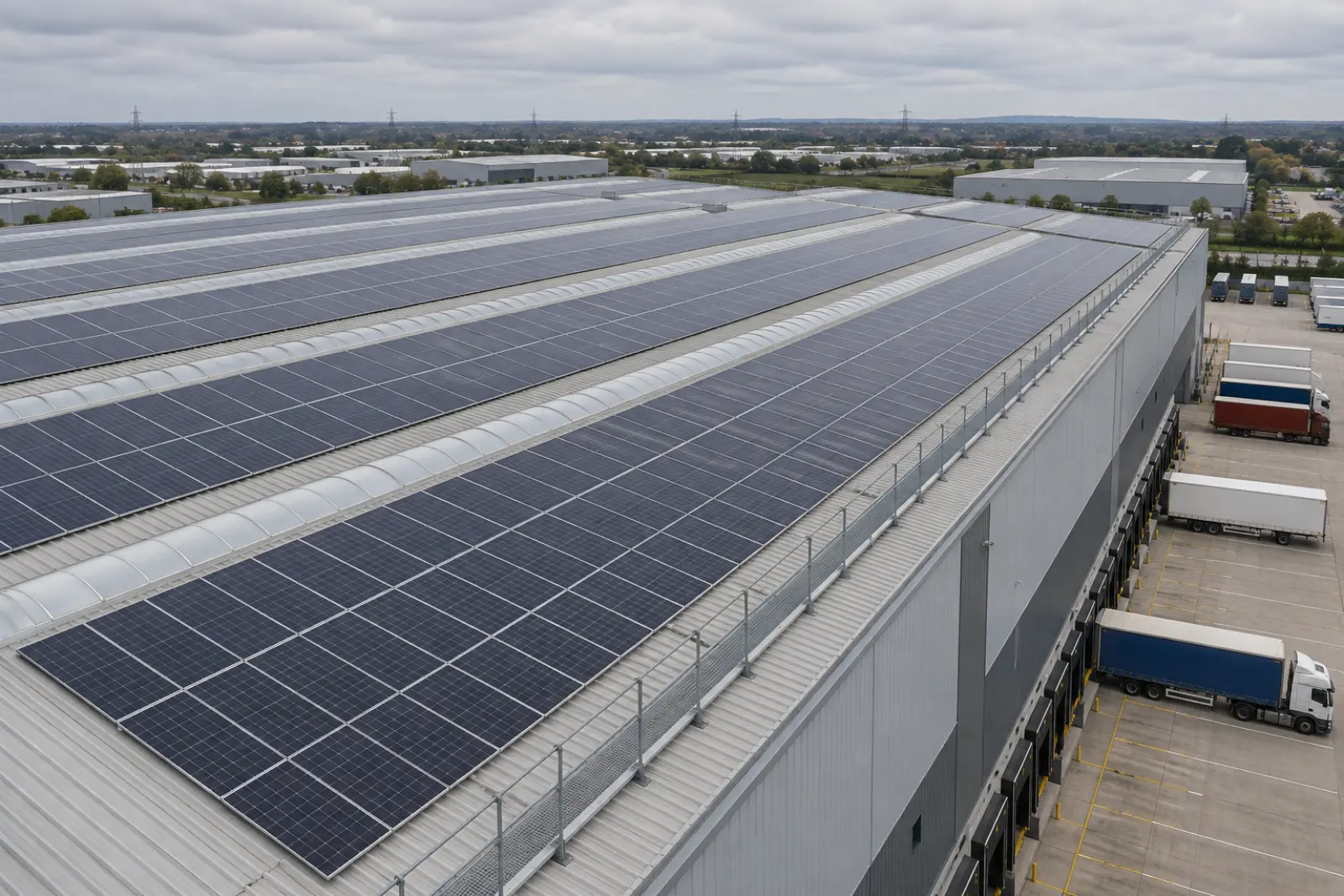 A large distribution warehouse roof covered in rows of solar panels, with rooflight strips between the runs and loading bays below