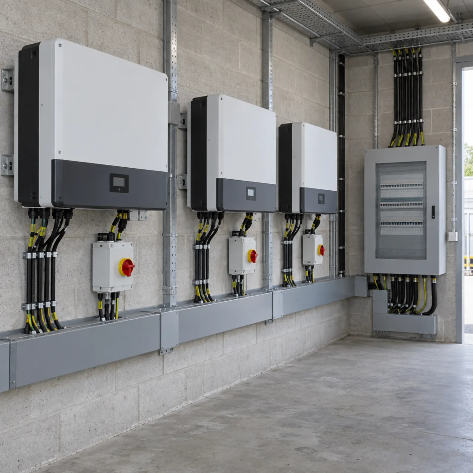 String inverters and isolators wall mounted in a plant room, with labelled cabling running to a distribution board