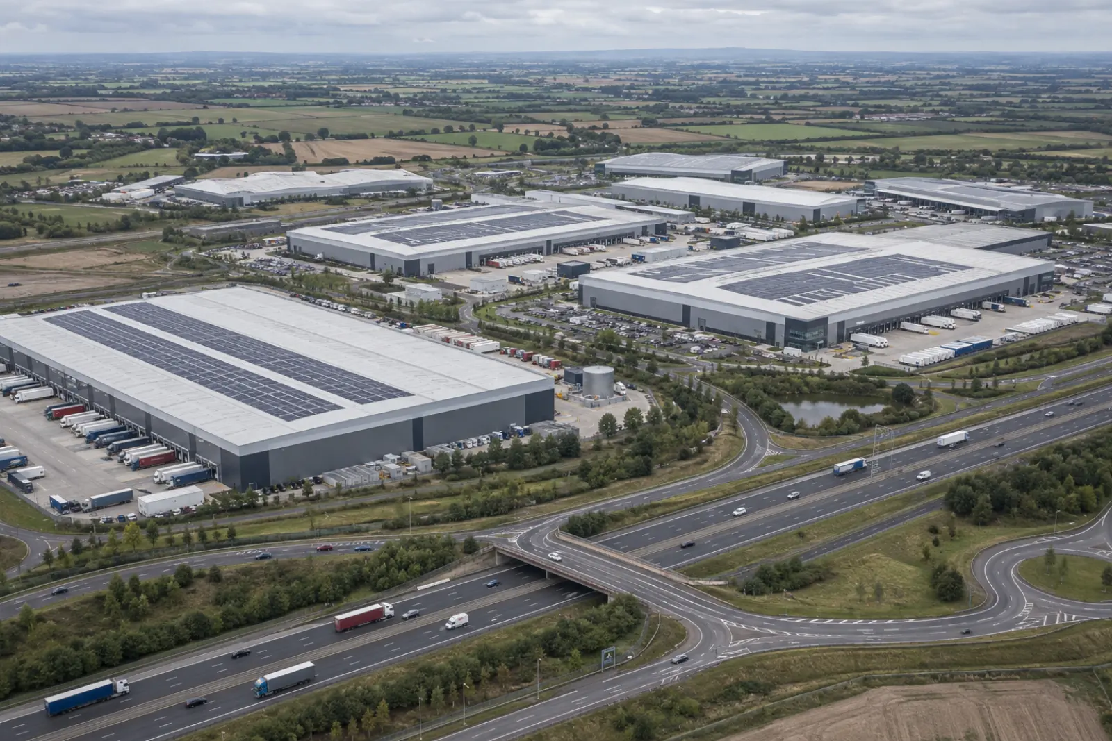 Midlands logistics park beside a motorway junction, several roofs carrying arrays