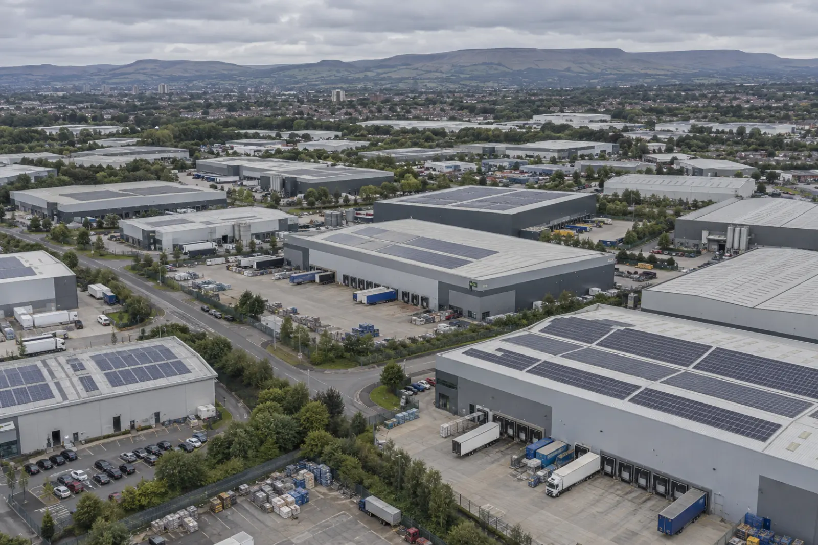 North East industrial estate with solar arrays on several unit roofs