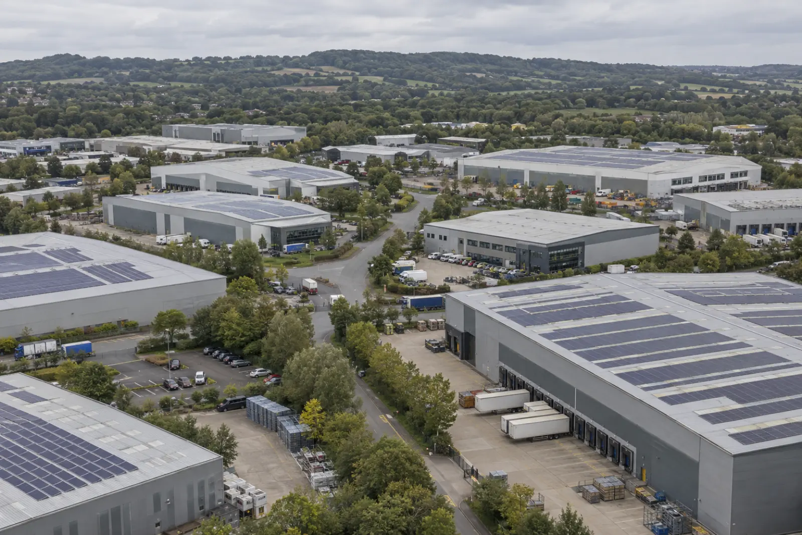 Distribution estate in the east of England with solar arrays on several roofs