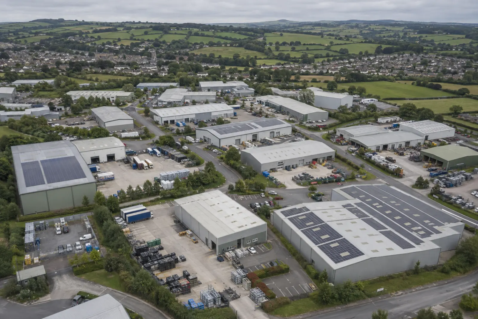 South West industrial estate on the edge of a market town, with rooftop solar