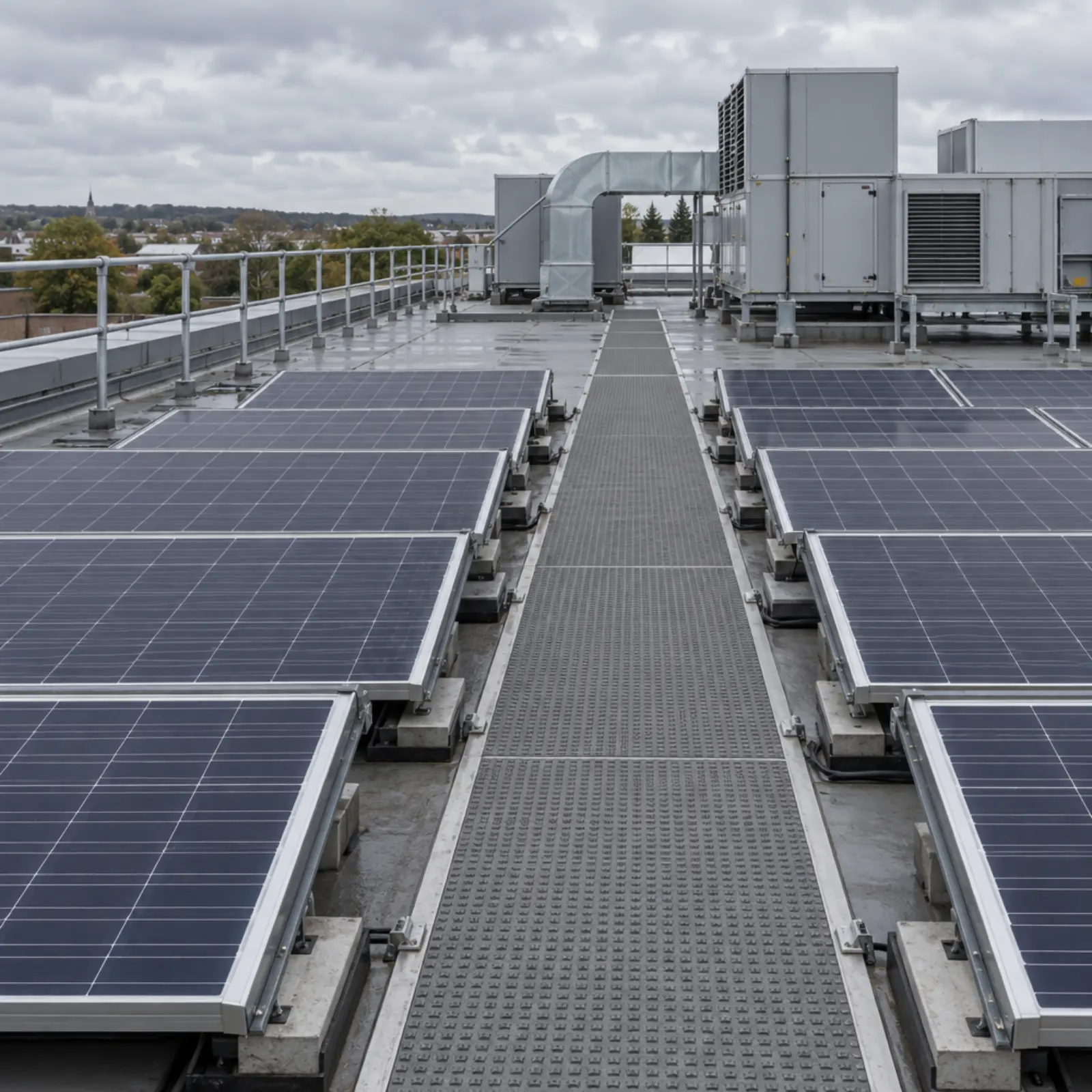 A walkway running between two rows of panels on a commercial roof, with guardrail along the edge and plant beyond