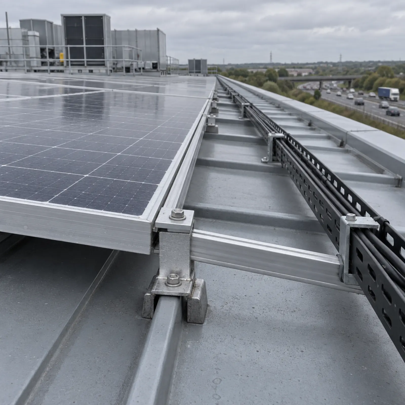 Close view of a mounting rail clamped to a standing-seam metal roof, with cable tray running alongside a row of panels
