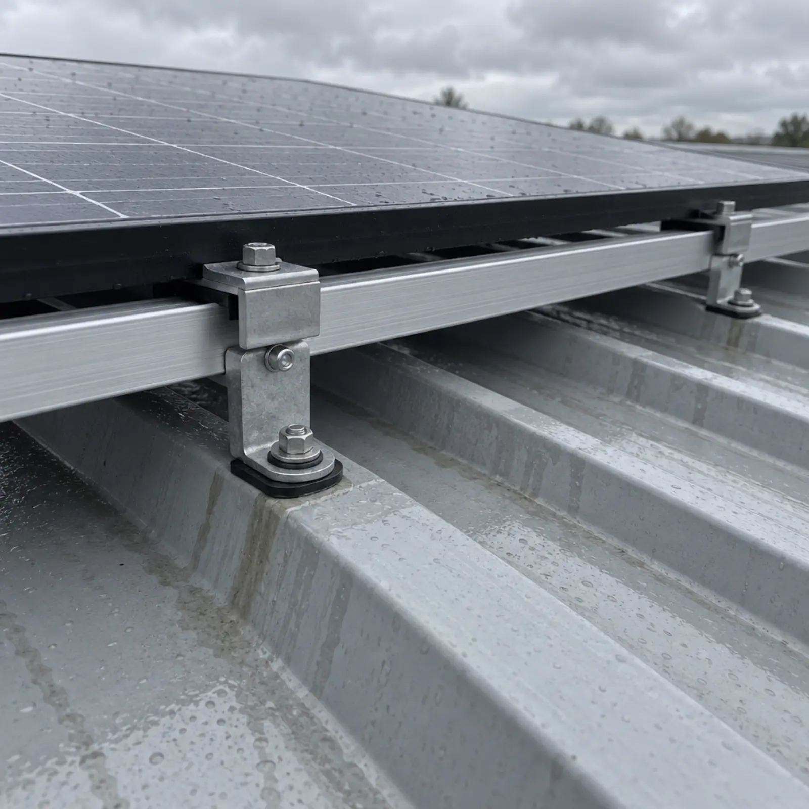 Mounting feet fixed into the crown of a trapezoidal steel roof profile, with rail spanning the ribs beneath a panel edge